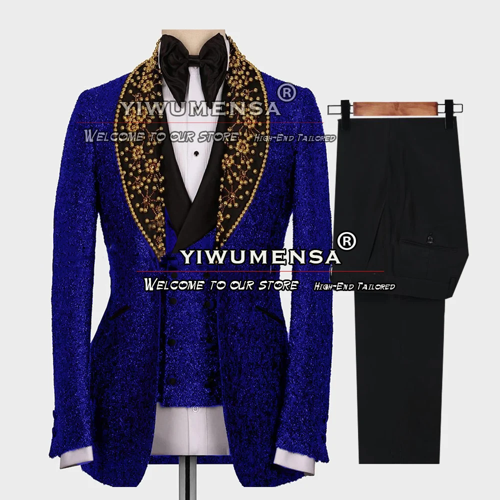 Elegant Suits For Men Wedding Sparkly Lurex Gold Beaded Lapel Blazer Formal Groom Wear Tuxedo Tailore Made 3 Pieces Prom Dress