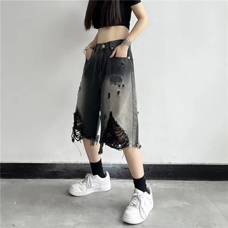 Pantaloncini di jeans strappati da donna estivi Pantaloni corti da donna larghi dritti casual streetwear Y2K