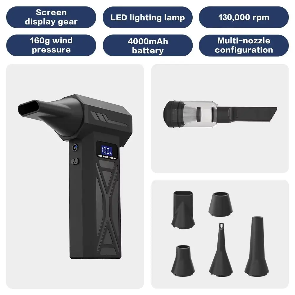 منفاخ غبار قوي بمحرك بدون فرش مع سرعة ضوء LED قابلة للتعديل ومروحة توربو عنيفة محمولة باليد وشاشة رقمية قابلة لإعادة الشحن