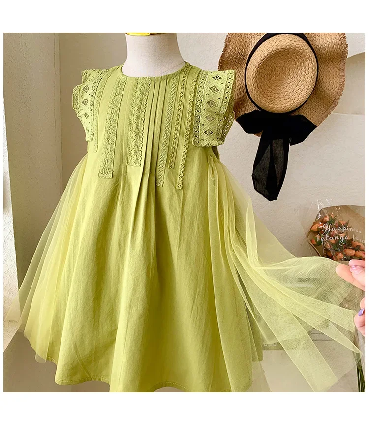 Kid Girl Light Green Sleeveless Dress Lace Cutwork Trim on The Shoulders Neckline Pleated Bodice Flowing Tulle Children Skirt