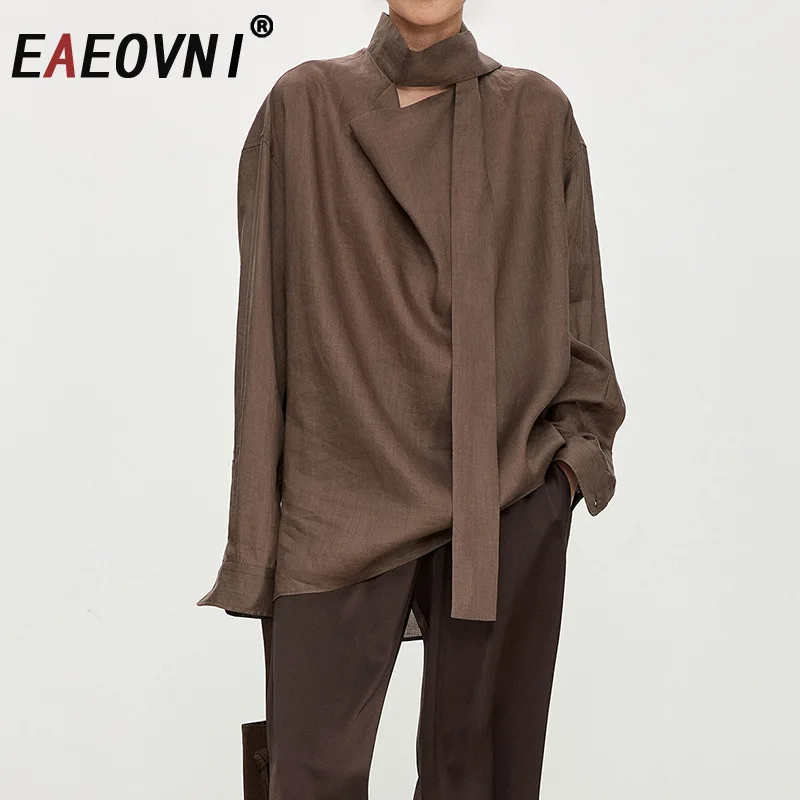

EAEOVNI Fashion Bandage Loose Blouse Women Solid Color Long Sleeve Office Lady Tops Versatile 2025 Female New Clothing 1A1250