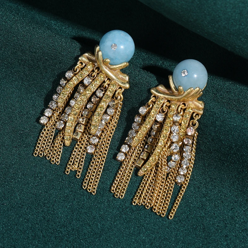 

Vintage Gold Color Tassel Blue Earring Natural Stone Charm Long Jewelry Luxury For Ladies Gifts 2026 New Arrival Mother Birthday