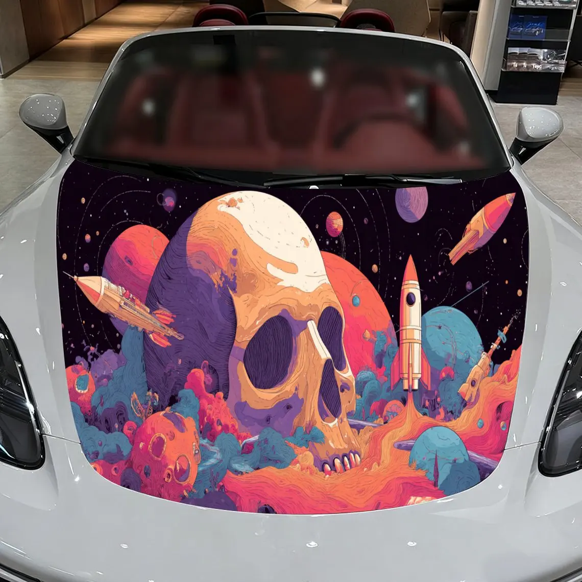 غلاف غطاء محرك السيارة على شكل جمجمة الفضاء، ملصق غطاء محرك السيارة للصاروخ والكواكب القديم، ملصق غطاء تلقائي للخيال العلمي، سيارة مقاومة للماء وذاتية اللصق #3