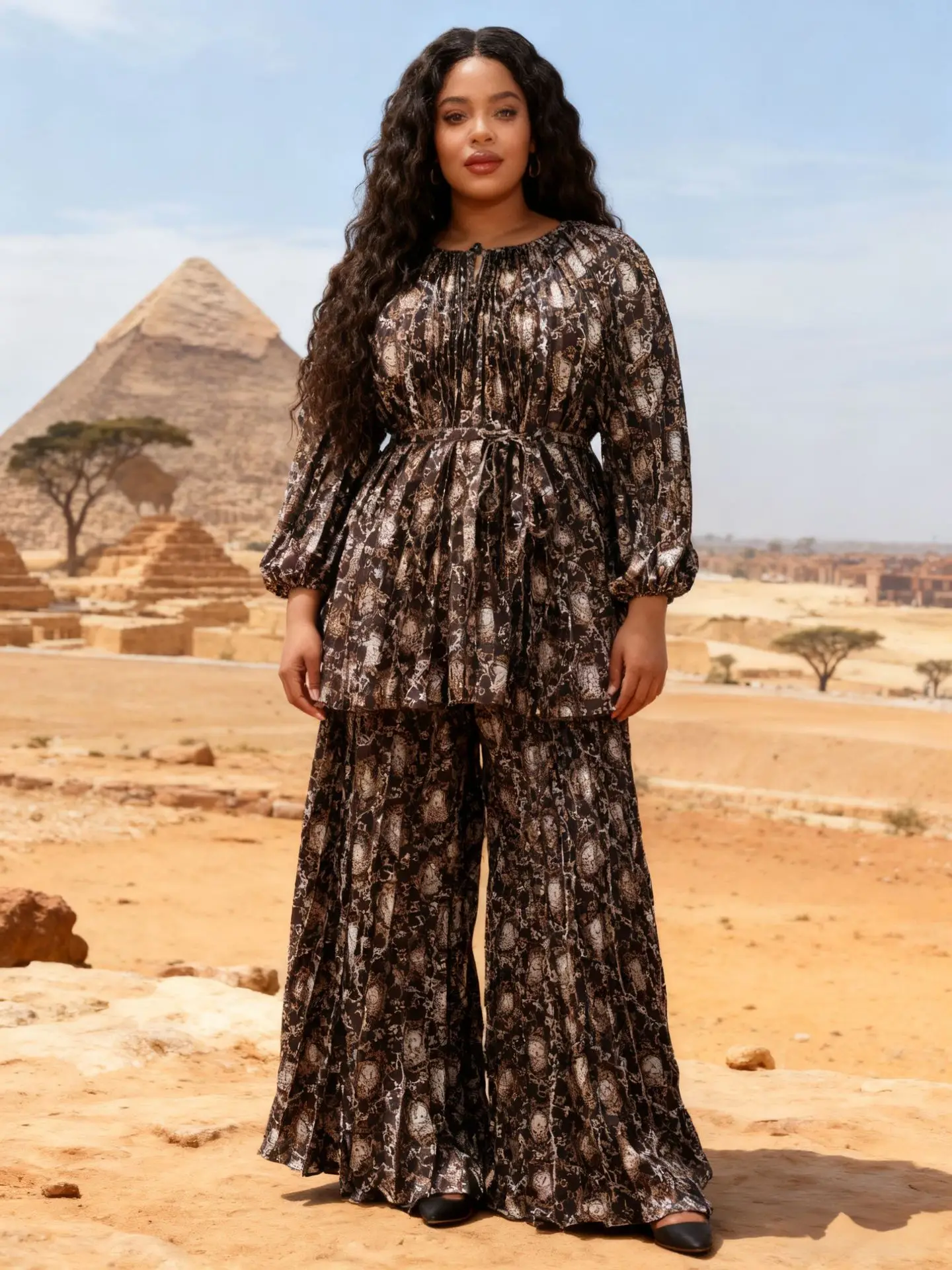 

Осень-зима 2022, новый свободный костюм Sanzhai с принтом, модный свободный костюм с мясным покрытием, элегантные широкие брюки, женский комплект из двух предметов