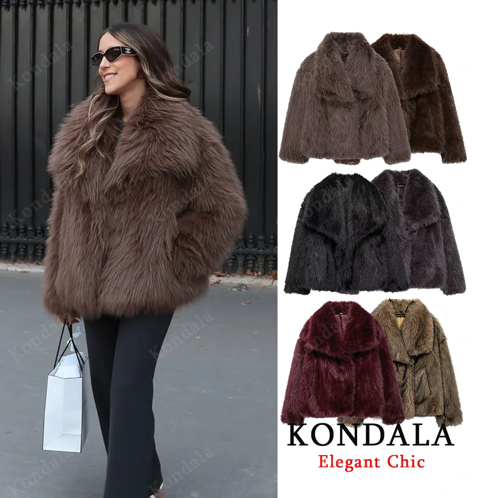

Женское осенне-зимнее теплое пальто из искусственного меха, уличное элегантное женское пальто 2025 года, модное винтажное пальто с лацканами темного цвета, женское праздничное пальто, куртка