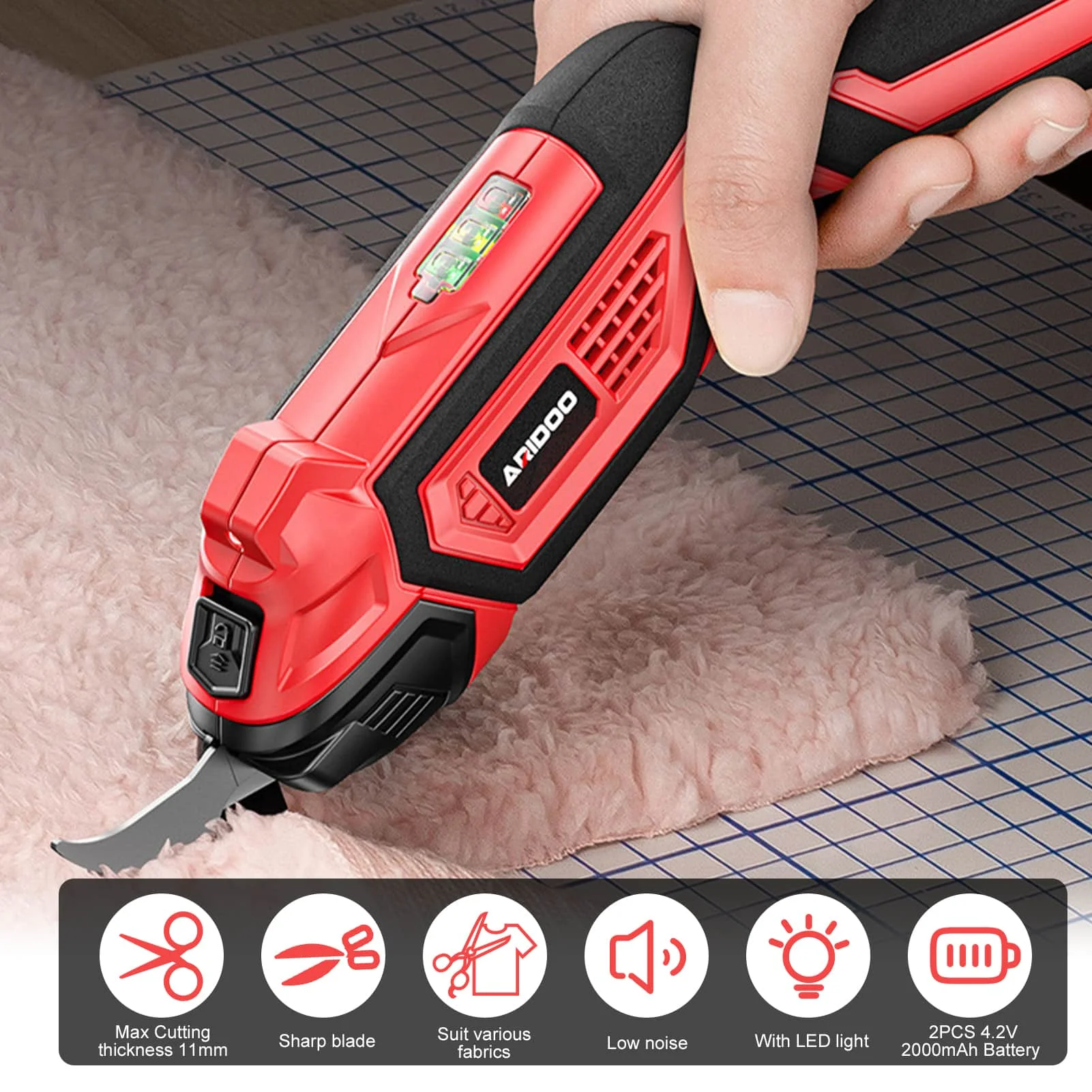 

Electric Scissors for Fabric, Leather, Carpet, PVC and Cardboard Cordless Cutter 4.2V 2000mAh Battery with LED Light
