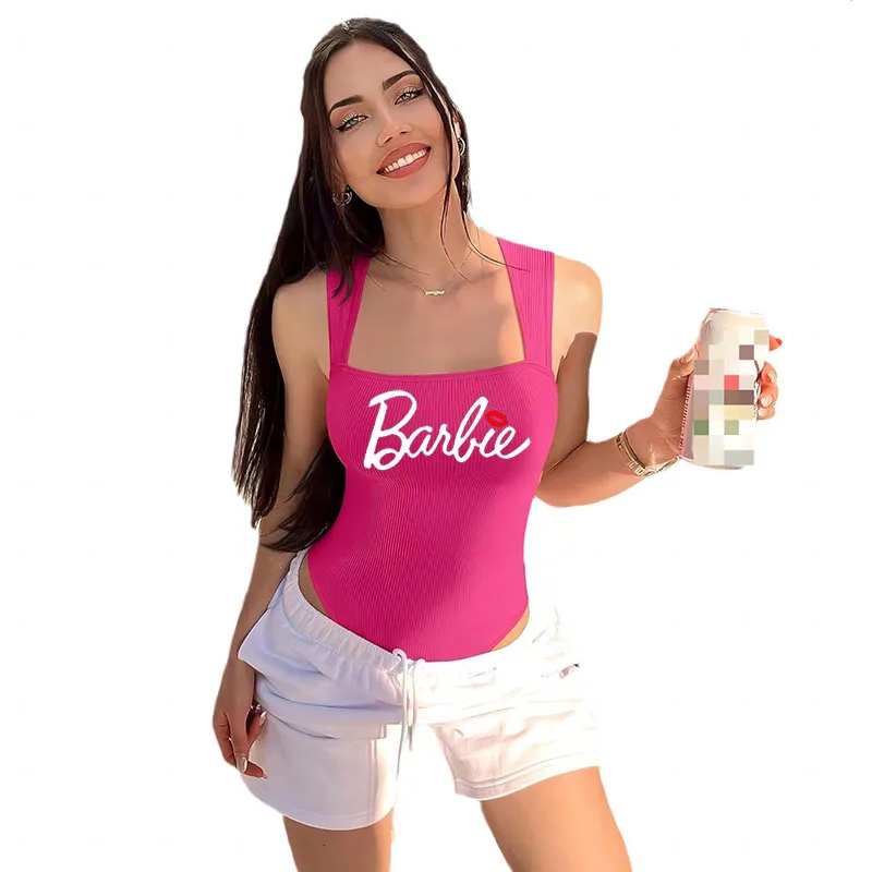 European American Hot Girls Sexy Slim Barbie Printed Jumpsuit Comfortable Nude Stretchy Figure-Shaping Sleeveless Vest for Women