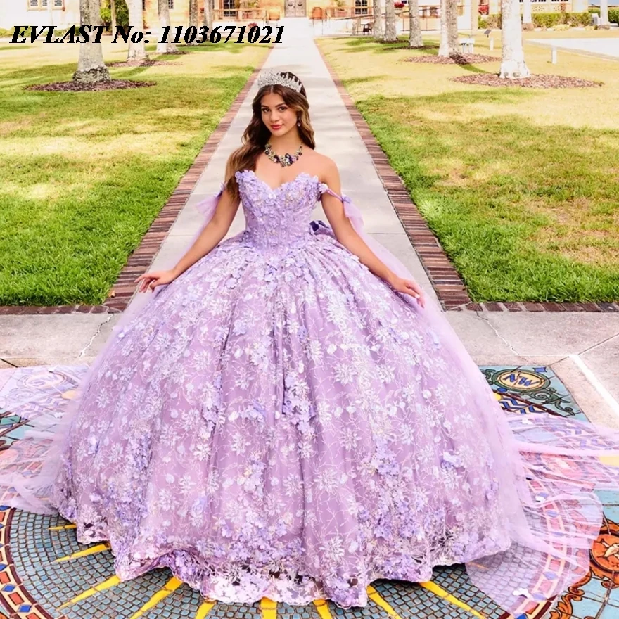 EVLAST-Vestido Quinceanera Rosa Brilhante Blush, Beading 3D Floral Applique com Capa, Bow Sweet 16 Vestido de Baile, SQ214