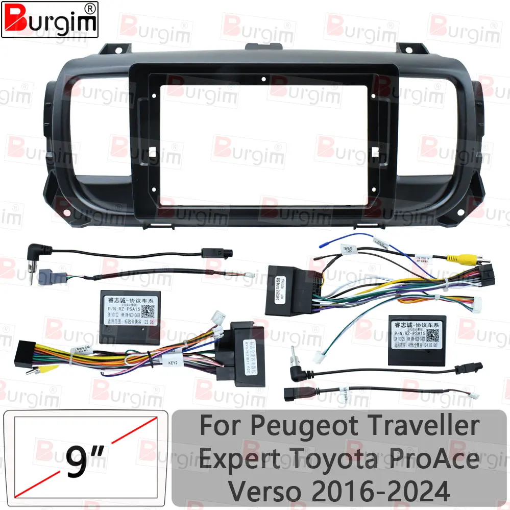 Burgim Car Android Radio Frame For Peugeot Expert Traveller Toyota ProAce Verso 9 inch 2Din Stereo Panel Harness Wire Canbus Box