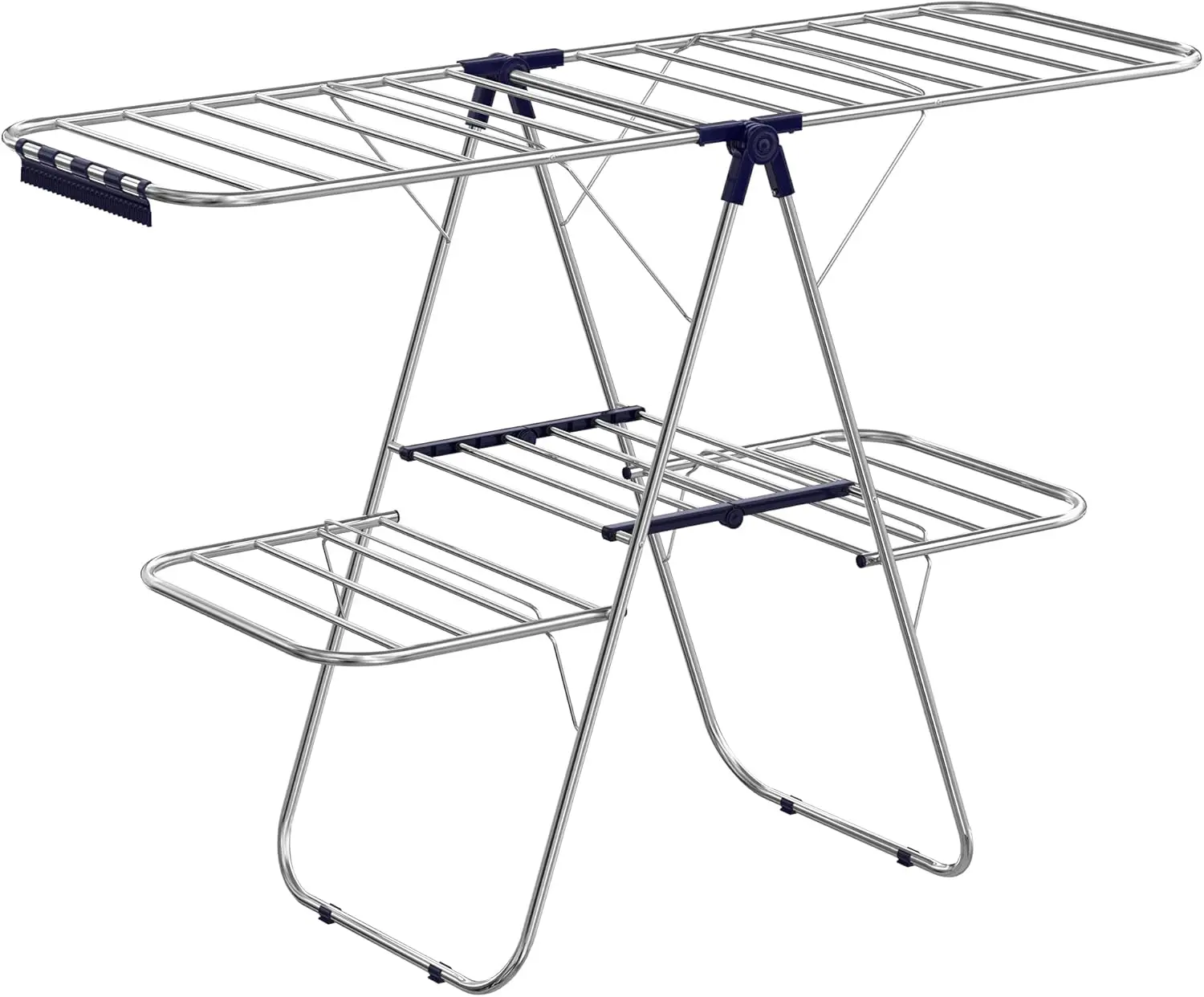 Free-Standing Large Drying Rack, with Height-Adjustable Wings, 33 Drying Rails, Sock Clips, Silver and Blue ULLR53BU