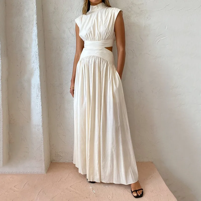 

Commute Pleated Loose Turtleneck Dresses Elegant 2023 Women Solid Hollow Waisted Party Dress Chic Pockets Office Long Dress