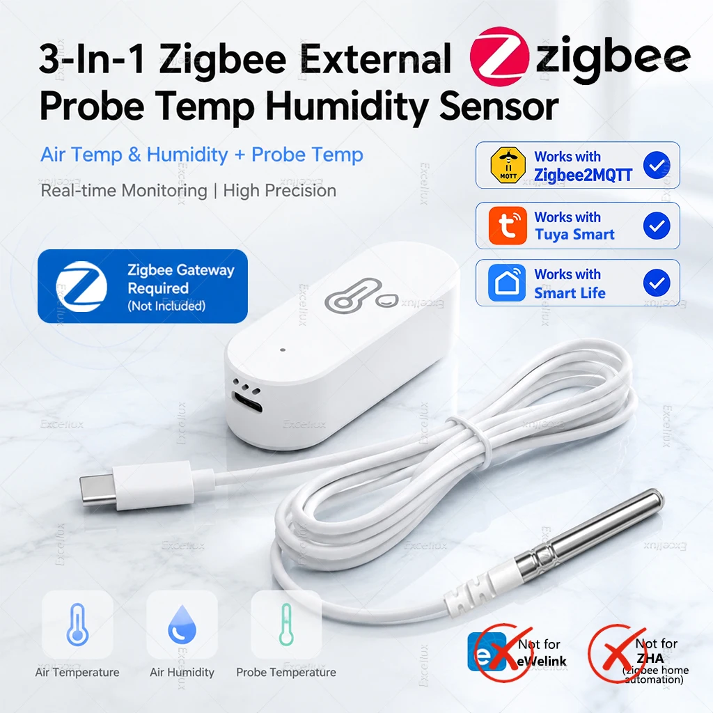 3-In-1 Zigbee Temperature Humidity Sensor Waterproof External Probe Thermometer Smart Sensor Works With Zigbee2MQTT Tuya Gateway