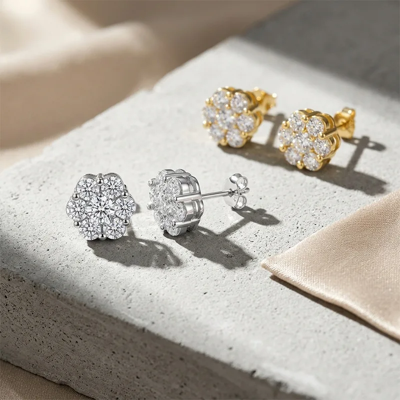 Neue 3mm Blumenförmige Moissanit-Ohrringe S925 Silber 18K Vergoldung D-Farbe Damen-Moissanit-Ohrringe mit GRA-Zertifikat – Detail 7