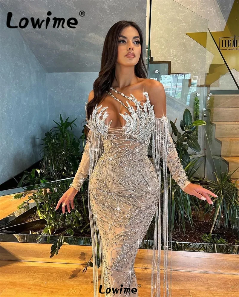 Sparkly Beaded Crystals Silver Evening Dresse Tassel Party Dress Long Sleeves Off Shoulder Engagement Gowns Mermaid Prom Dresses