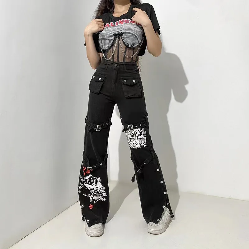 Women Jeans Denim Pants Long Pant Straight Trousers Print High Waist Button Pockets Y2k Mom Jeans Streetwear Simple Casual Loose
