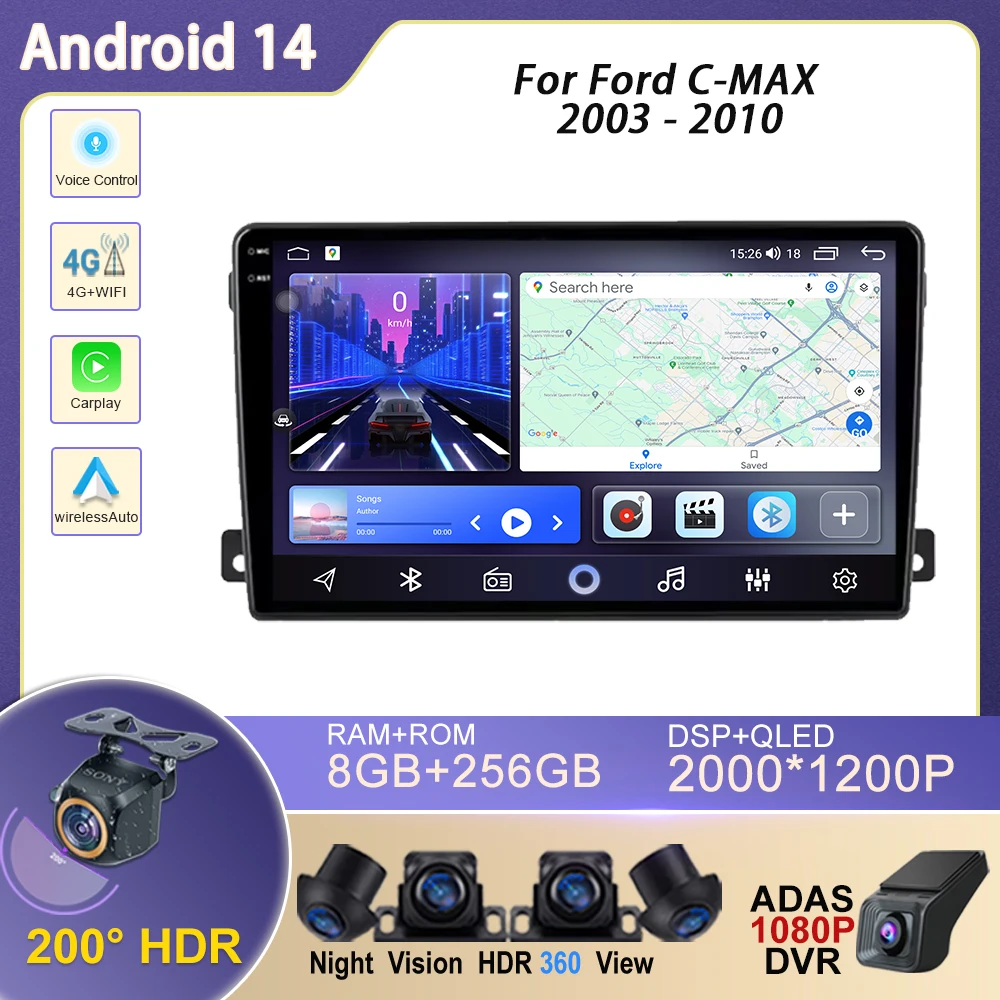 4 グラム Wifi フォード C-MAX 2003 - 2010 カーラジオ GPS ナビゲーション Android 自動画面 Carplay ステレオビデオマルチメディアプレーヤー 2din なし