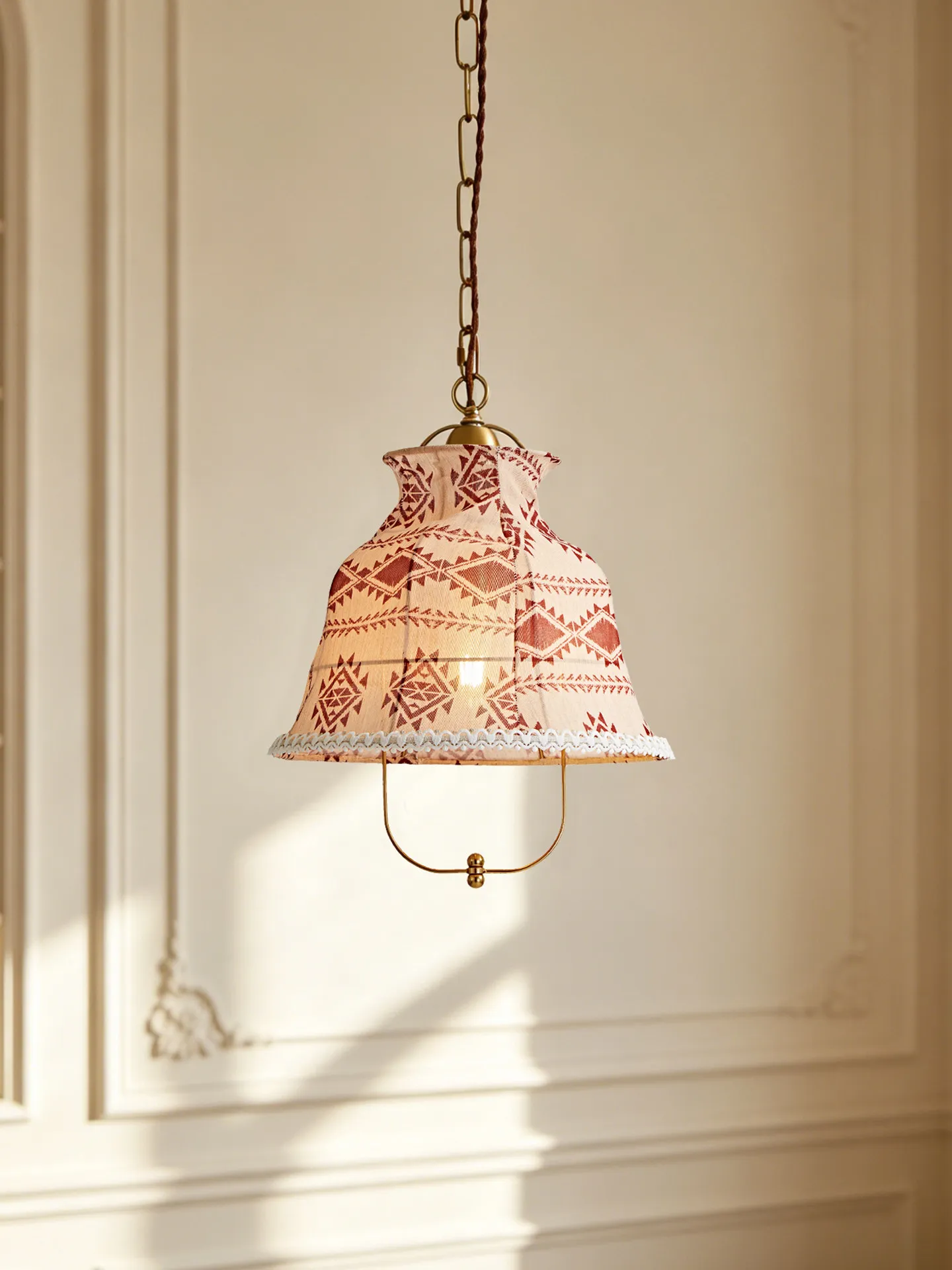 Vintage Tribal Pattern Cloth Pendant Lamp Bohemian Lace Edge Brass Hanging Ceiling Light For Dining Room Home Decor