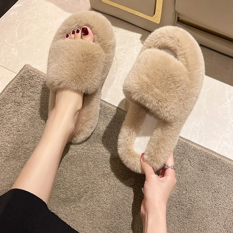 Home Slippers Women\'s Flat Shoes Female Lady Fur Flip Flops Slides 2023 Soft Plush Cotton Indoor Winter Zapato Mujer