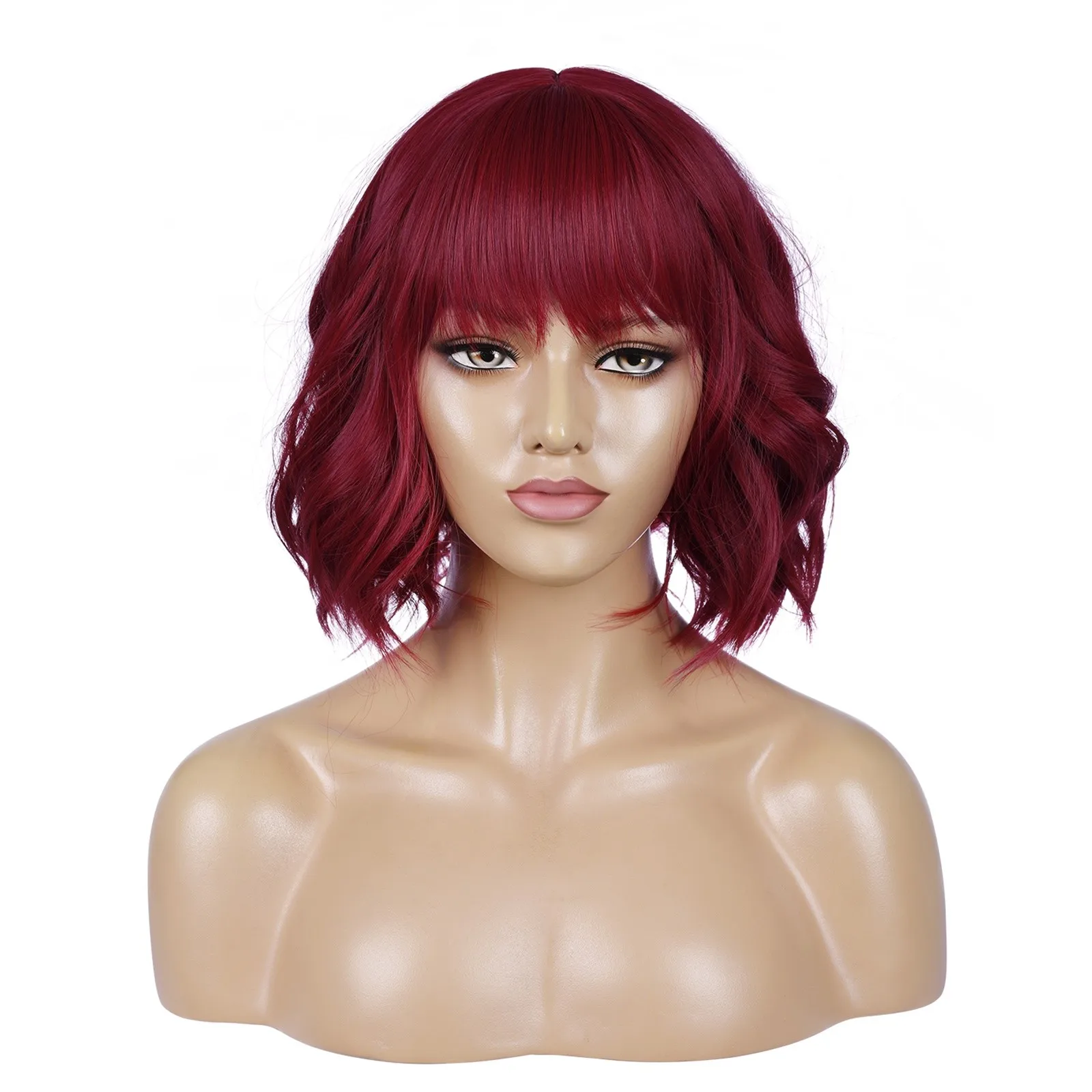 Claret Short Bob Wigs With Thin Bangs For Women Cosplay Colorful Wigs Shoulder Length Curled Wigs Loose Wave Short Wig