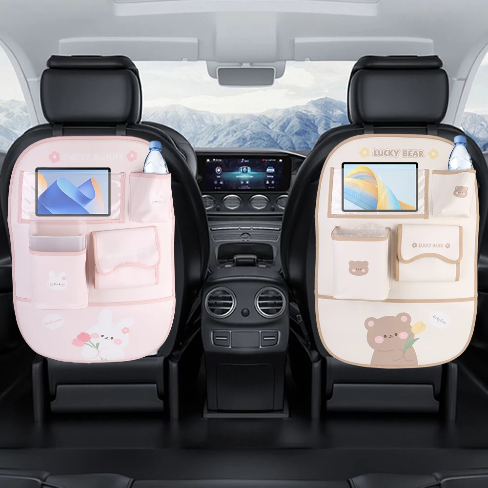 Kick Mat Protector for Kids Car Backseat Organizer Detachable 5 Storage Pockets with Touch Screen Tablet Holder Cartoon Style