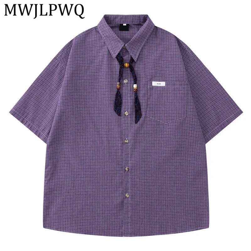

MWJLPWQ Lines Purple Plaid Bow Tie Short Sleeve Shirts For Men American High Street Lapel Niched Loose Fit CouplesTops 16132