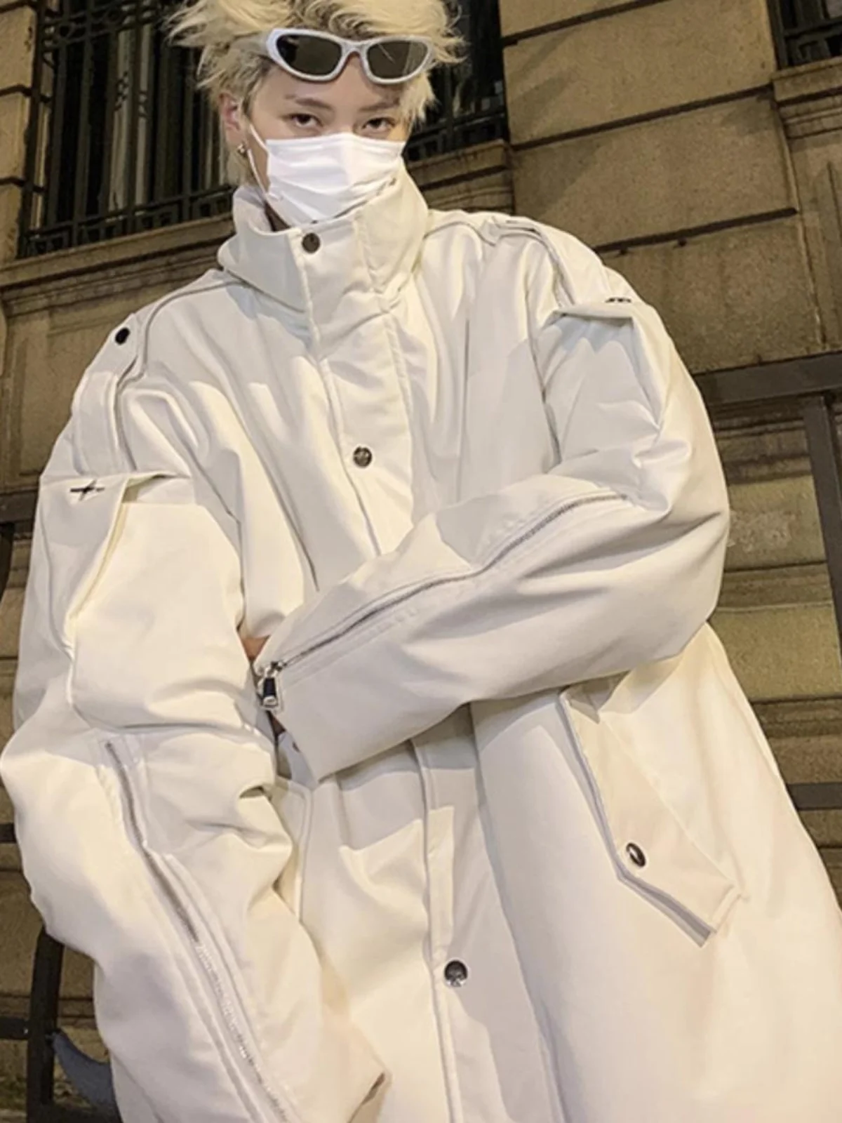 

White PU Leather Cotton Jaet for Men Youthful Sle Stand Collar Oversize Streetwear Winter Coat Stand Fit Long Sve