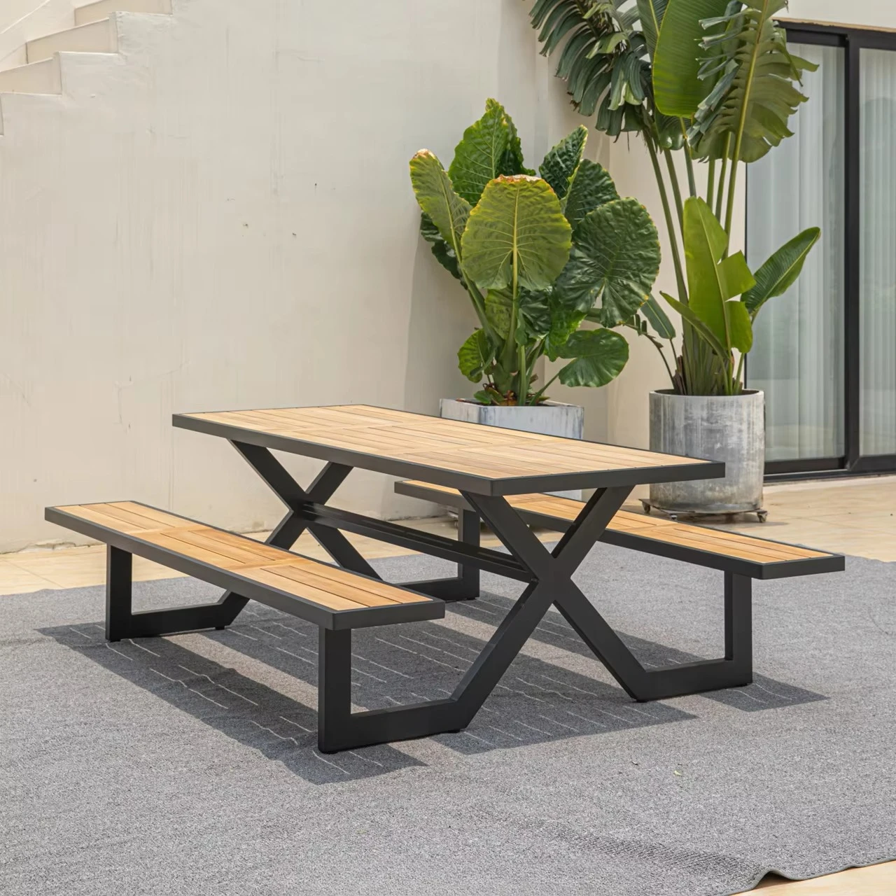 da- Hollywood Picnic-Style Table & 2 Bench Set Outdoor Aluminum Frame with Non-Wood Top for Garden Patio Hotel Dining