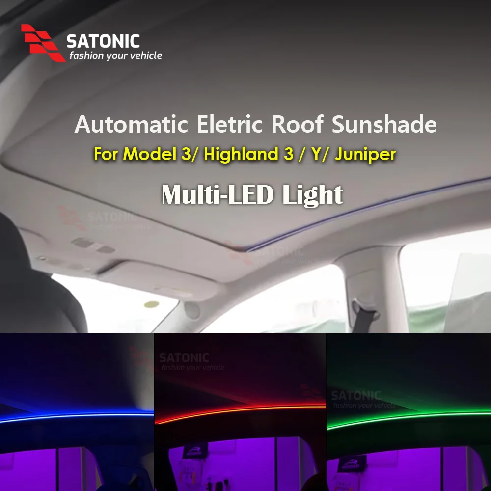 SATONIC Digital Auto Electric Voice Control Roof Sunshade for Tesla Model 3 Y Highland 3 2026 Y Juniper with Ambient LED Light