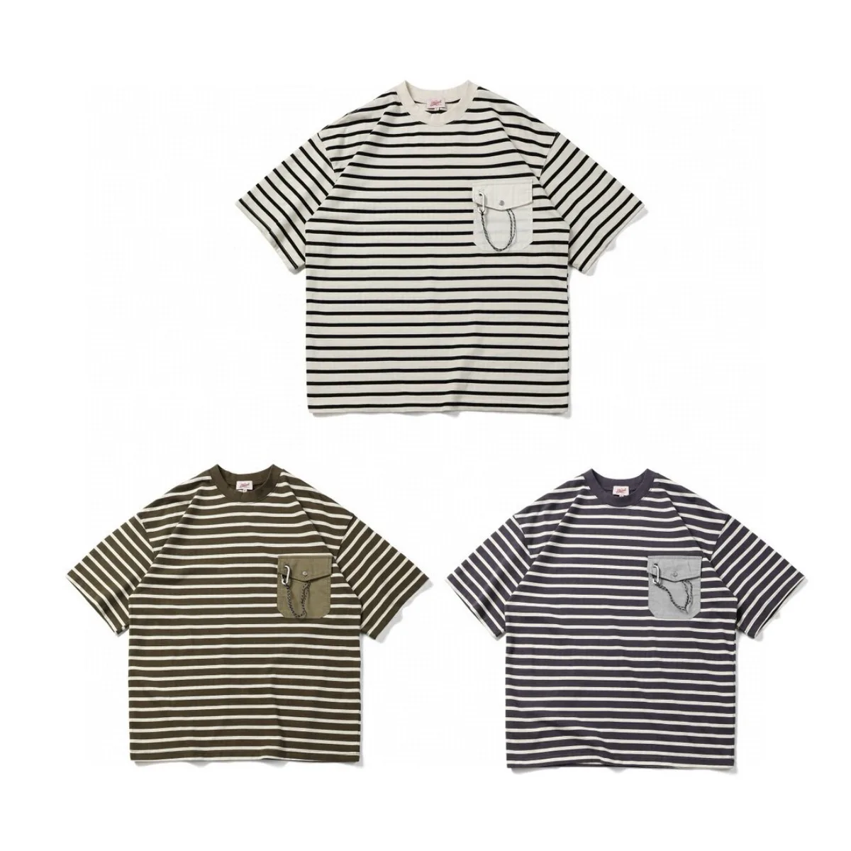 Japanese Retro Texture Striped Round Neck Short Sleeved T-shirt Pocket Men's Summer Loose Casual