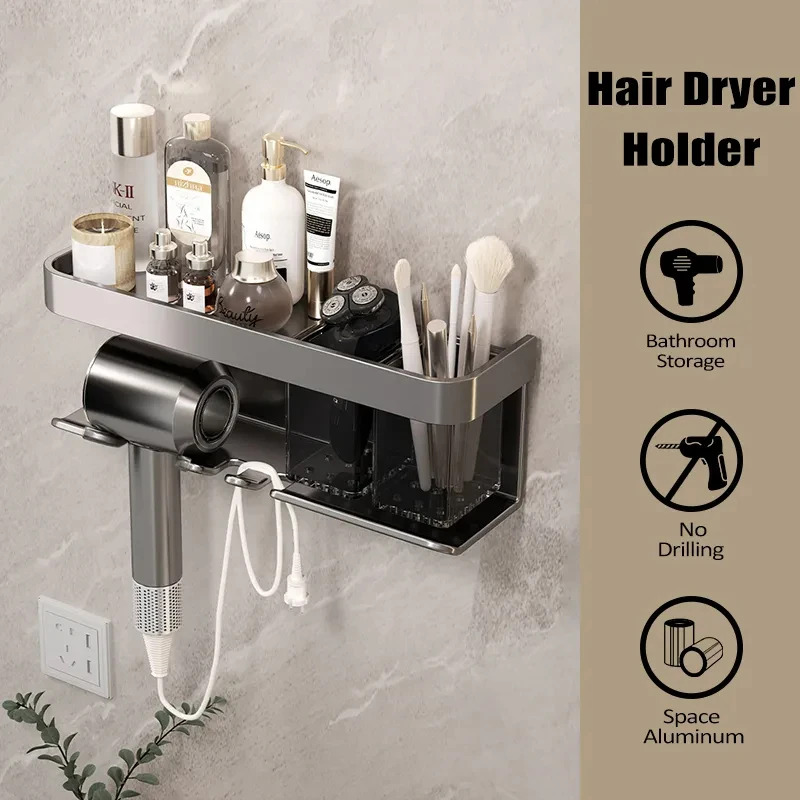 Aluminum Alloy Hair Dryer Holder Bathroom Storage Organizer Wall Bathroom Shelf No Drilling Dryer Cradle