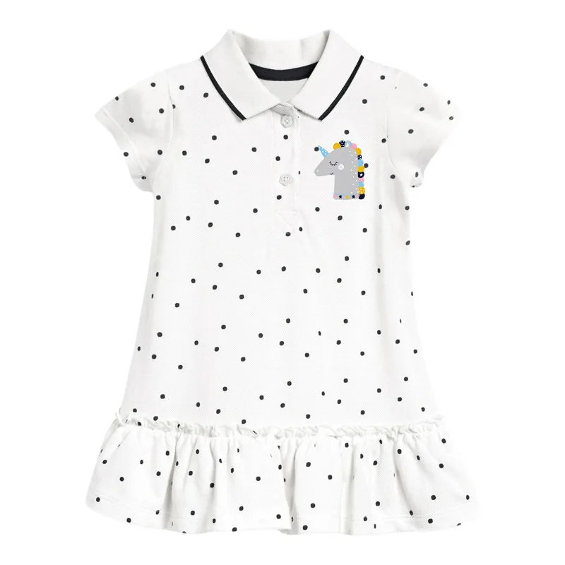 Little maven Girls Polo Dresses Summer Casual Children's Dresses Turn-down Collar Unicorn Dot Black Kids Dress Back to School