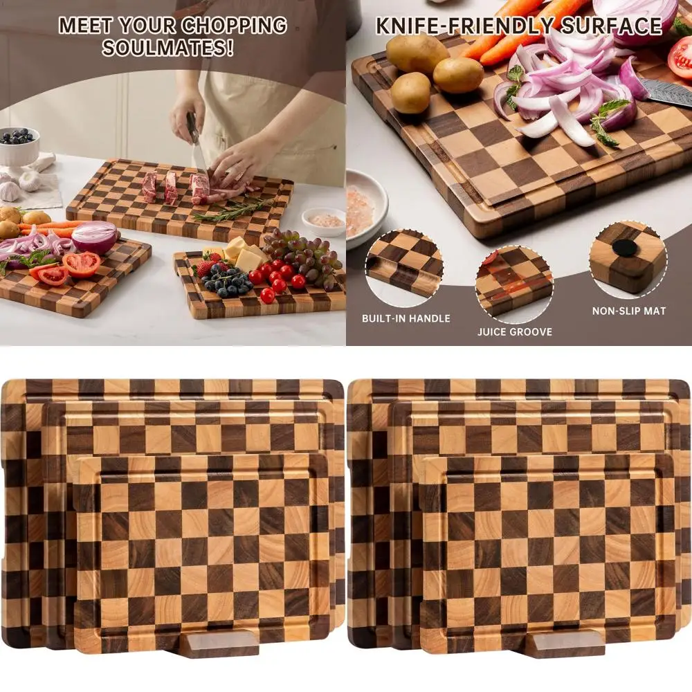 

Набор разделочных досок из 3 предметов из дерева акации с канавками для сока и ручками, идеально подходит для приготовления мяса, овощей и фруктов в подарок Бо