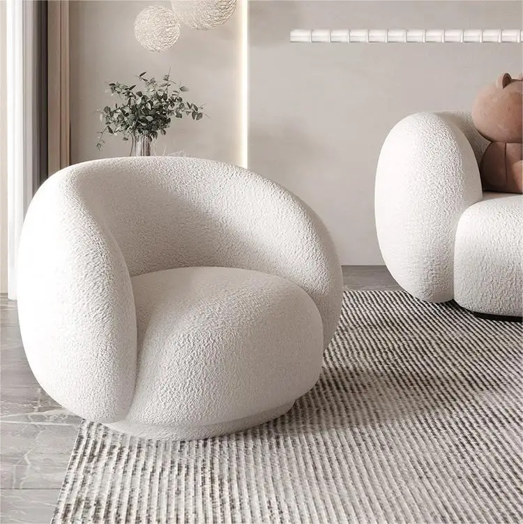 Lambswool Lazy Sofa Cream White Boucle Fabric Chair lamb wool Lounge accent Chair Single Sofa