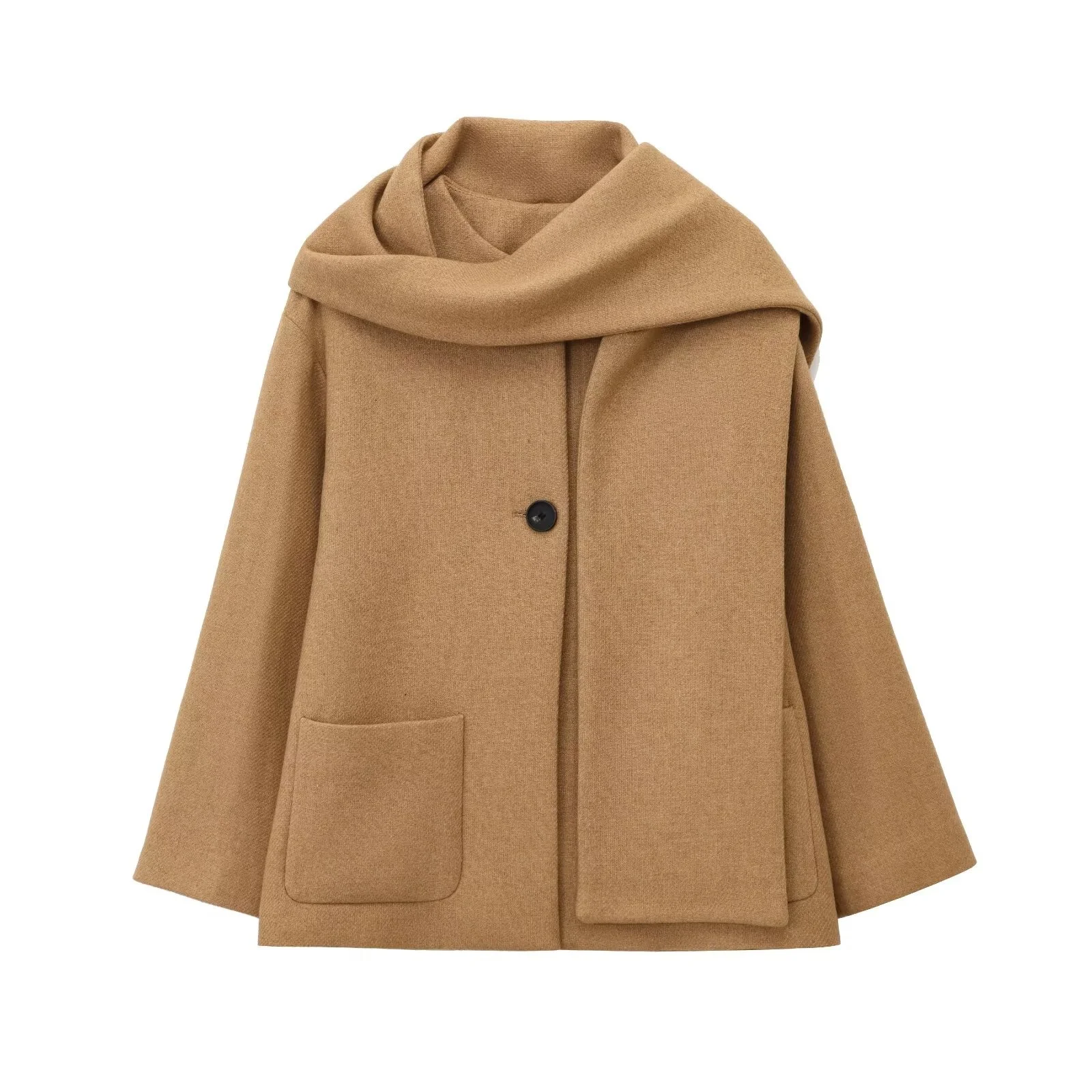 BSAY Französischer Minimalistischer Damenmantel mit einteiligem Schal-Kragen, Rundhalsausschnitt, einreihig, mit Taschen, für den Alltag im Herbst und auf Reisen. – Detail 5