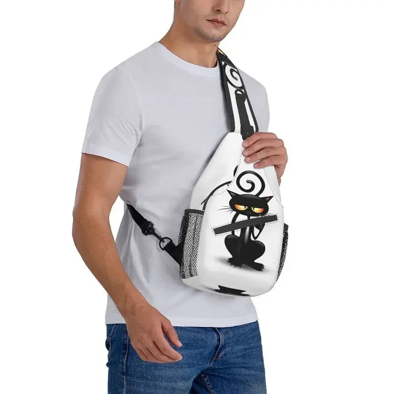 Sac à bandoulière de dessin animé personnalisé pour hommes, sac à dos de poitrine drôle, sac à bandoulière cool initié, sac à dos de cyclisme, sac à dos de camping, chat noir