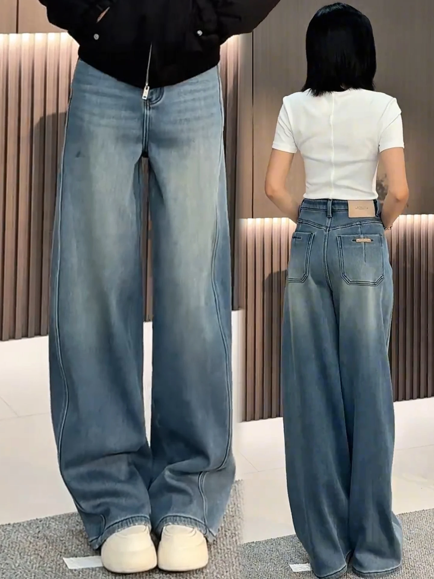 

Slim Fit High Waist Fleece Lined Wide Leg Jeans Women's Casual Straight Cut Blue Denim Pants Autumn Winter Fashion plus Size