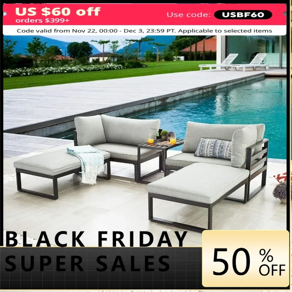 5-piece set, gray, metal sofa, sunroom, indoor lounge chair, lounge, soft padded chair with table