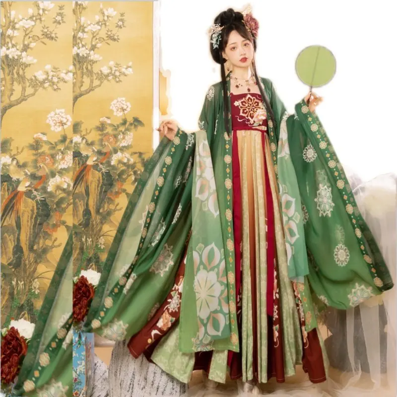 Robe Hanfu à Manches Longues PLABNK - Costume Traditionnel Chinois Brodé Dégradé Élégant Pour Femme (XL, Green)