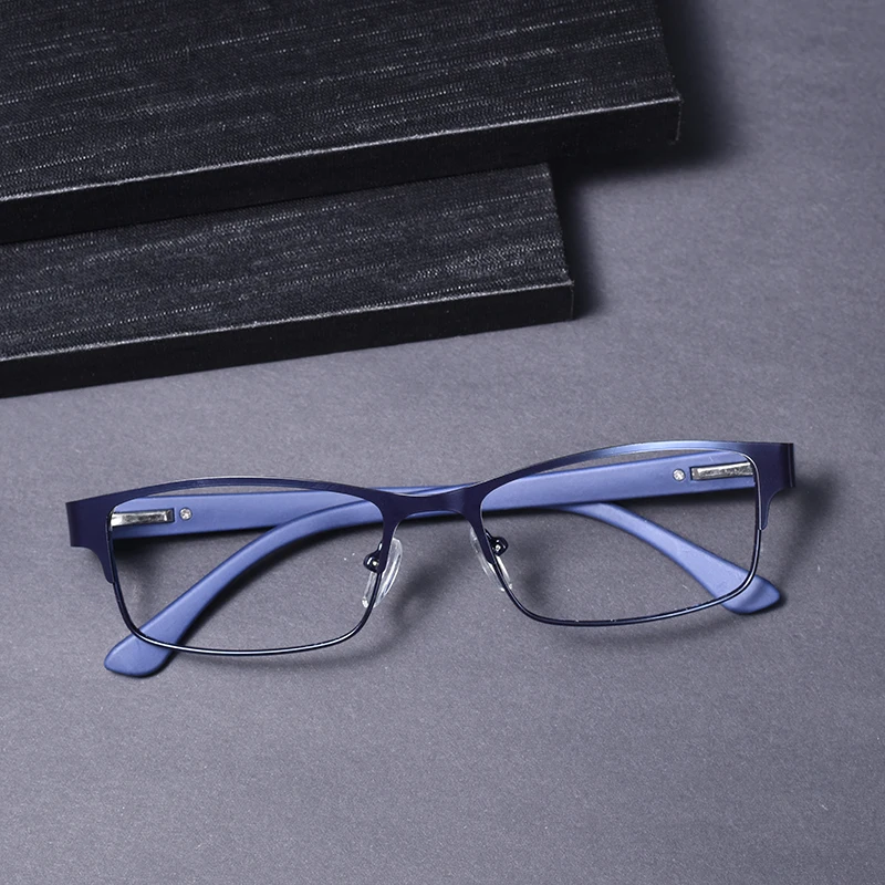 Blaue Vintage-Metall-Lesebrille im quadratischen Design für Herren, klassische Gleitsichtbrille, Business-Brille mit Blaulichtfilter