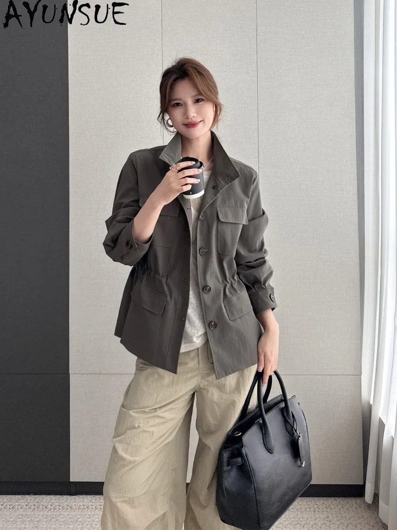 AYUNSUE Women Fall New Vintage Unique Design Cargo Trench Coat Waist-Tightened Trench Clothing Mid Length Clothes Ladies Fashion
