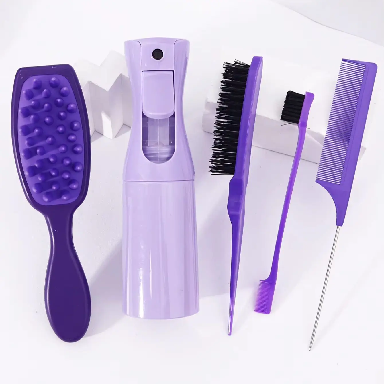 مجموعة أدوات تصفيف الشعر مكونة من 5 قطع، مع زجاجة رذاذ، وفرشاة شامبو، ومشط، وفرشاة شعر وفرشاة حافة خاصة بشعر مستعار حقيقي