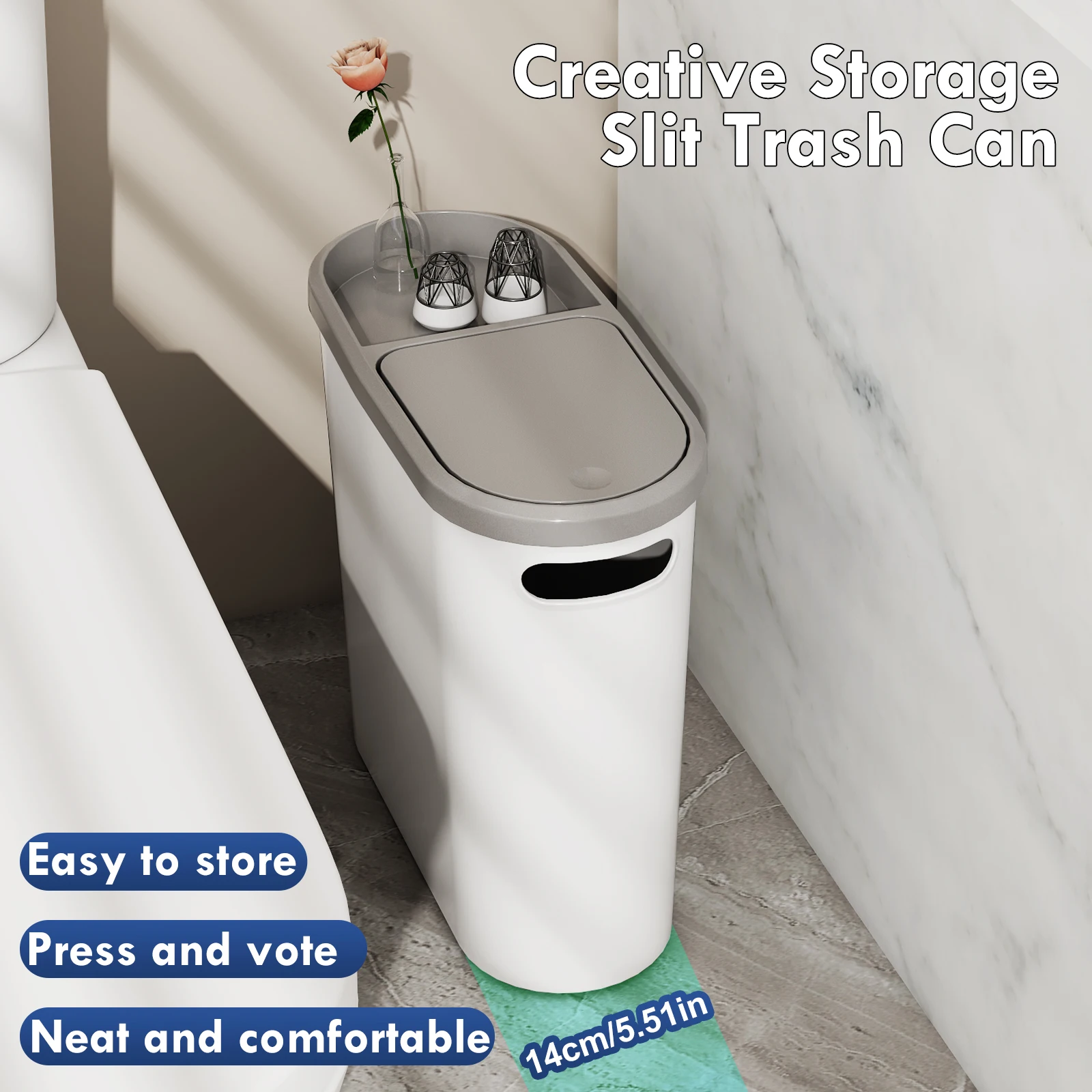 1pc Narrow Garbage Bin, Suitable for Narrow Slits, 10L/2.64gal, Press Open Lid Garbage Bin, Can Fix Garbage Bags, Bathroom