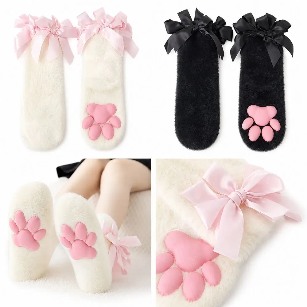 New Raised Paw Pads Paw Socks Soft Fuzzy Texture Finish Animal Paw Socks Ribbon Bow Trim Warm Cat Paw Socks for Women