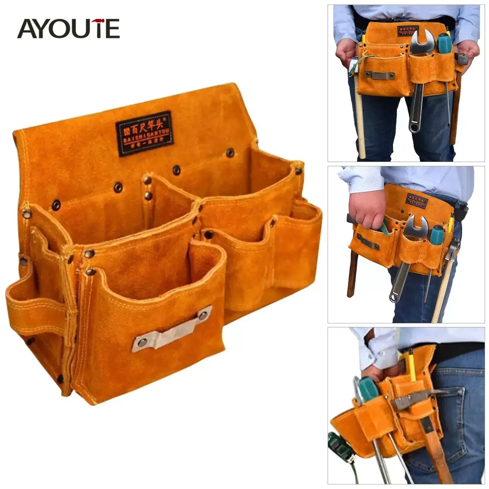 Woodworker Tool Bag Practical Cow Leather Wear-resistant Waist Pack Multi-function Repair Hardware Tool Storage Bag