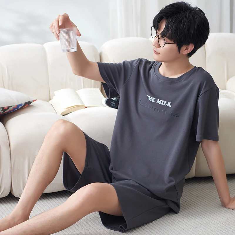 2023ฤดูร้อนใหม่ถักผ้าฝ้ายผู้ชายแขนสั้นชุดนอนชุดชายชุดนอนชุดลำลอง Loungewear Man ชุดนอน pjs homewear