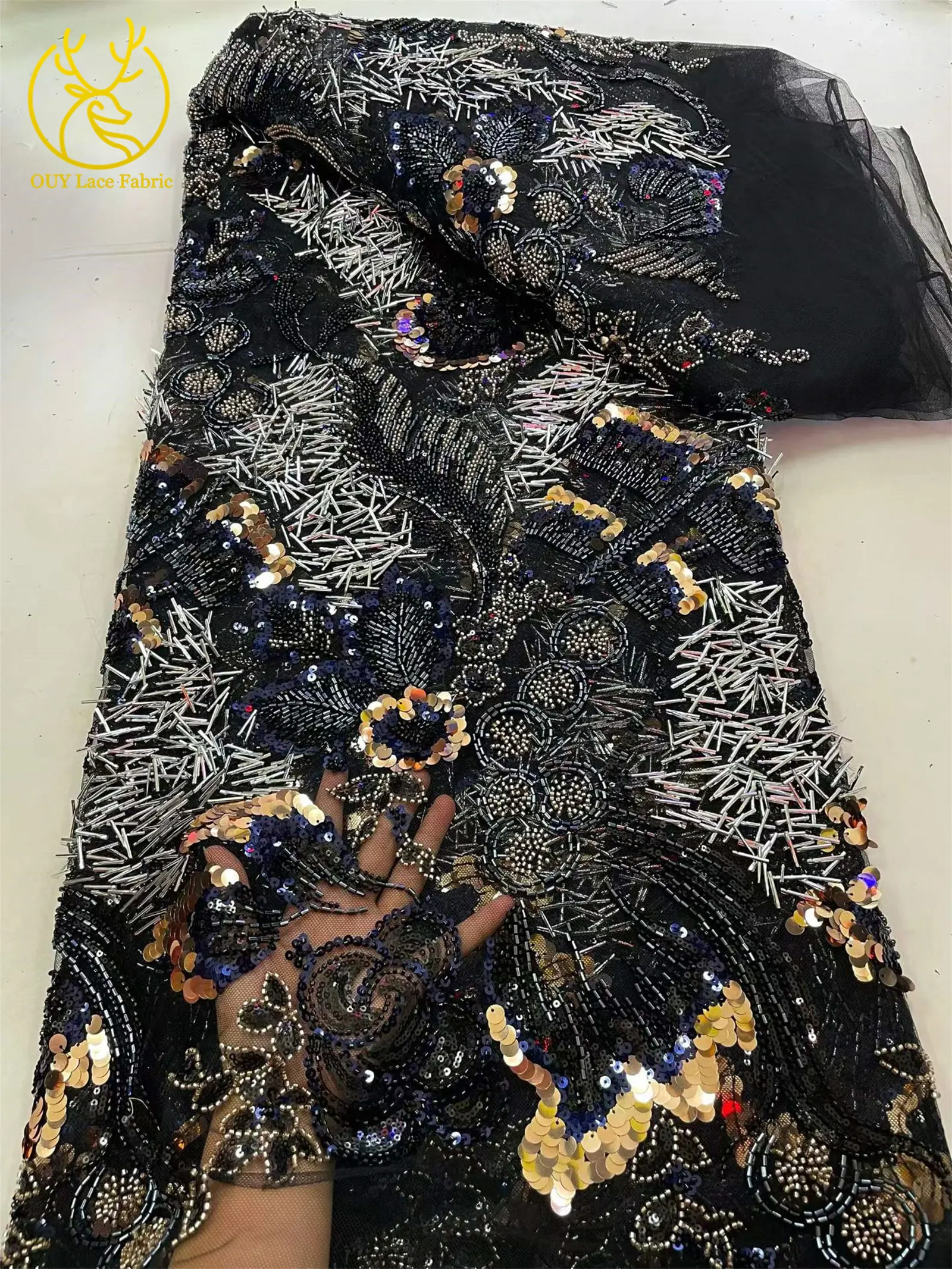 2026 Neuer Stil Luxuriöses Blumen-Perlen-Pailletten-Spitzendesign Hochwertiger Afrikanischer Spitzenstoff für Damen Hochzeitskleid Partykleid Nähen – Detail 12
