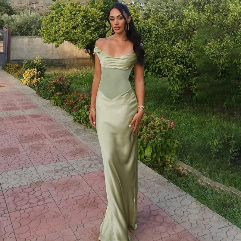Elegancka satynowa sukienka maxi z odkrytymi ramionami dla kobiet Nowa seksowna sukienka wieczorowa typu bodycon z odkrytymi ramionami na imprezę lub do klubu nocnego