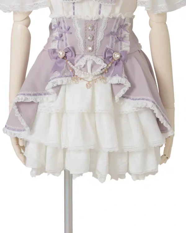 Falda japonesa nueva de otoño de dos piezas de imitación de cintura alta con forma de pastel, faldas elegantes con lazo de diamantes y cadena de Lolita, faldas cortas de princesa acampanadas