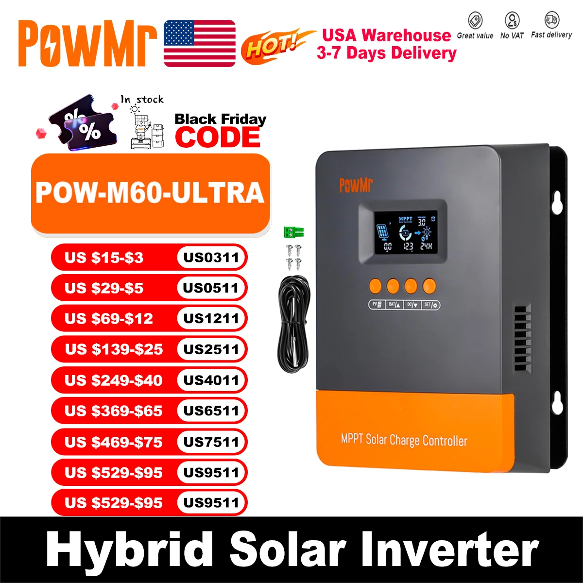 

PowMr MPPT 60A 40A 30A 20A LCD Solar Charge Controller 12V 24V 36V 48V Auto Battery Solar Panel Smart Regulator Support Lifepo4