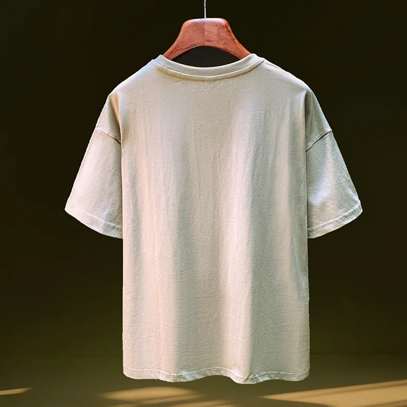 تي شيرت ريترو فضفاض للرجال ثقيل الوزن مغسول بأكمام قصيرة صيفي جديد أمريكي غير رسمي مطبوع #2